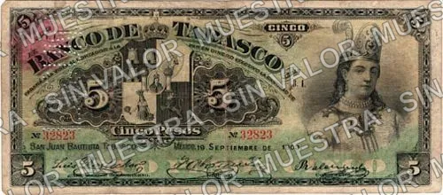 5 pesos, Banco de Tabasco (M513), anverso (M513b $5 needlepunched 'LAGUNA')