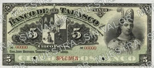 5 pesos, Banco de Tabasco (M513), anverso (M513s $5 Banco de Tabasco specimen)