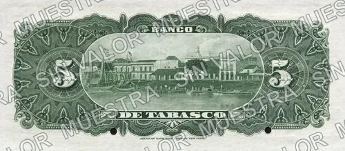 5 pesos, Banco de Tabasco (M513), reverso (M513s $5 Banco de Tabasco specimen)
