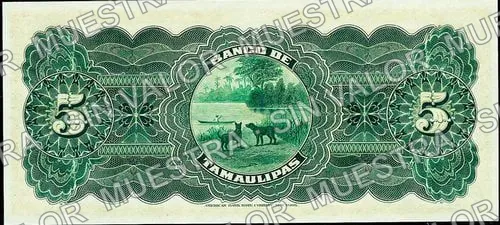 5 pesos, Banco de Tamaulipas (M520), reverso (M520r $5 unsigned remainder)