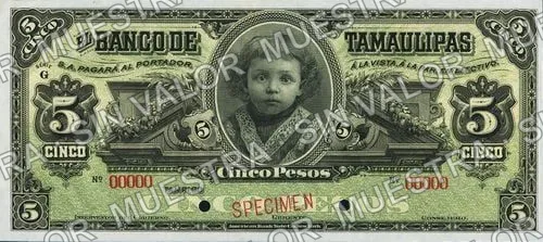 5 pesos, Banco de Tamaulipas (M520), M520s $5 Banco de Tamaulipas specimen, anverso