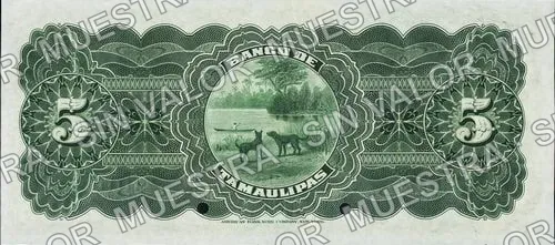 5 pesos, Banco de Tamaulipas (M520), M520s $5 Banco de Tamaulipas specimen, reverso