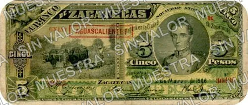 5 pesos, Banco de Zacatecas unsigned remainder (M575), anverso (M575e $5 Banco de Zacatecas overprinted 'AGUASCALIENTES')