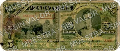 5 pesos, Banco de Zacatecas unsigned remainder (M575), anverso (M575f $5 Banco de Zacatecas overprinted 'LAGOS')