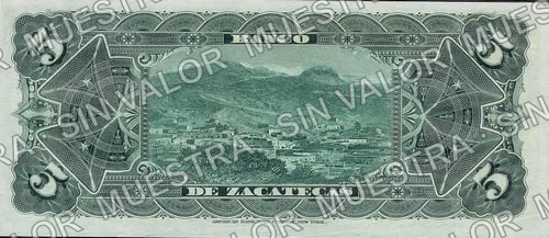 5 pesos, Banco de Zacatecas unsigned remainder (M575), reverso