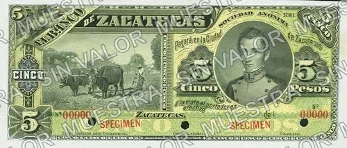 5 pesos, Banco de Zacatecas unsigned remainder (M575), anverso (M575s $5 Banco de Zacatecas specimen)