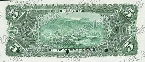5 pesos, Banco de Zacatecas unsigned remainder (M575), reverso (M575s $5 Banco de Zacatecas specimen)