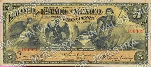 5 pesos, Banco del Estado de México (M396), M396d $5 stamped 'Morelia', anverso