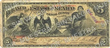5 pesos, Banco del Estado de México (M396), M396e $5 stamped 'OAXACA', anverso