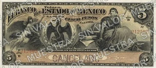 5 pesos, Banco del Estado de México (M396), M396r $5 needlepunched 'CANCELADO', anverso