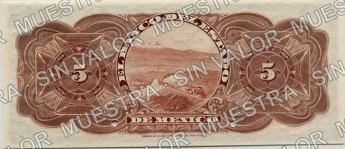 5 pesos, Banco del Estado de México (M396), M396s $5 Banco del Estado de México specimen, reverso