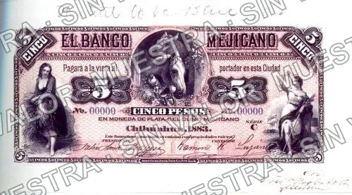 5 pesos, Banco Mejicano (M114), anverso (M114p $5 Banco Mejicano proof)