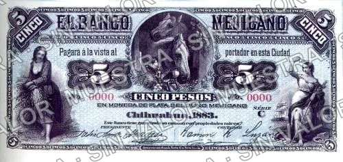 5 pesos, Banco Mejicano (M114), anverso (M114p $5 Banco Mejicano proof)