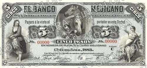 5 pesos, Banco Mejicano (M114), anverso (M114s $5 Banco Mejicano specimen)