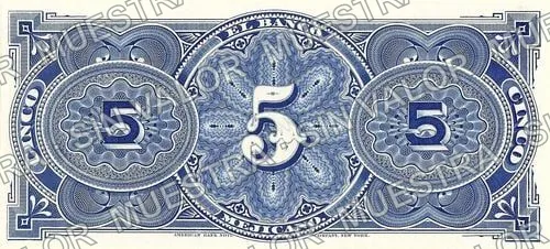 5 pesos, Banco Mejicano (M114), reverso (M114s $5 Banco Mejicano specimen)