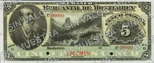 5 pesos, Banco Mercantil de Monterrey (M424), M424s1 $5 Banco Mercantil de Monterrey specimen, anverso