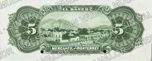 5 pesos, Banco Mercantil de Monterrey (M424), M424s1 $5 Banco Mercantil de Monterrey specimen, reverso