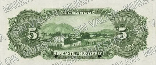 5 pesos, Banco Mercantil de Monterrey (M424), M424s2 $5 Banco Mercantil de Monterrey specimen, reverso