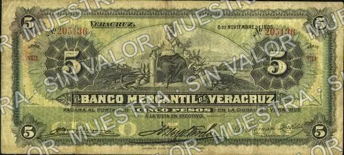 5 pesos, Banco Mercantil de Veracruz (M528), anverso