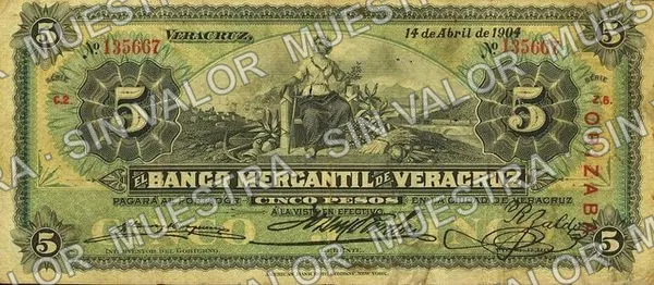 5 pesos, Banco Mercantil de Veracruz (M528), anverso (M528d $5 overprinted 'ORIZABA')