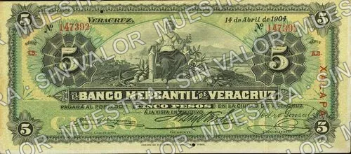 5 pesos, Banco Mercantil de Veracruz (M528), anverso (M528f $5 overprinted 'XALAPA')