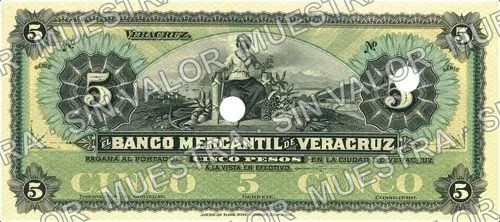 5 pesos, Banco Mercantil de Veracruz (M528), anverso (M528r $5 remainder)