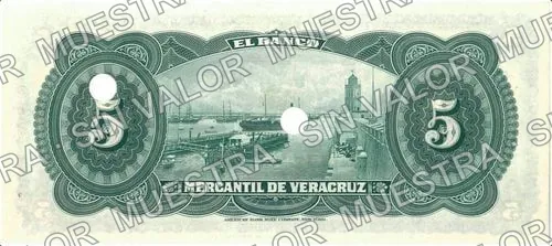 5 pesos, Banco Mercantil de Veracruz (M528), reverso (M528r $5 remainder)