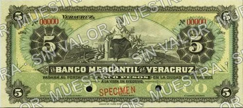 5 pesos, Banco Mercantil de Veracruz (M528), anverso (M528s $5 Banco Mercantil de Veracruz specimen)