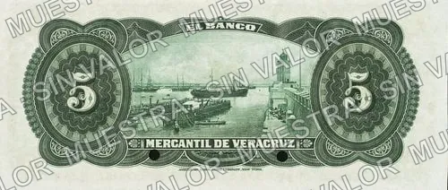 5 pesos, Banco Mercantil de Veracruz (M528), reverso (M528s $5 Banco Mercantil de Veracruz specimen)