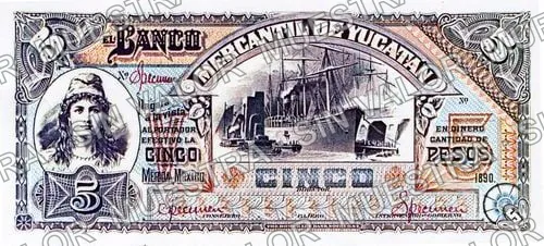 5 pesos, Banco Mercantil de Yucatán (M540), anverso (M540s $5 Banco Mercantil de Yucatán specimen)