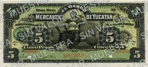 5 pesos, Banco Mercantil de Yucatán (M548), M548s $5 Banco Mercantil de Yucatán specimen, anverso
