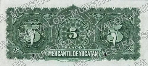 5 pesos, Banco Mercantil de Yucatán (M548), M548s $5 Banco Mercantil de Yucatán specimen, reverso