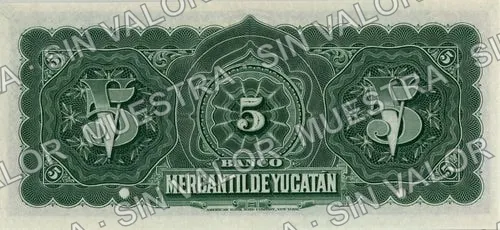 5 pesos, Banco Mercantil de Yucatán (M548), M548s $5 Banco Mercantil de Yucatán specimen, reverso