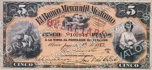 5 pesos, Banco Mercantil Mexicano (M283), anverso (M283b $5 Banco Mercantil Mexicano overprinted 'QUERETARO')