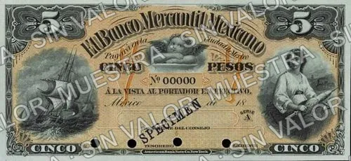 5 pesos, Banco Mercantil Mexicano (M283), anverso (M283s $5 Banco Mercantil Mexicano specimen)