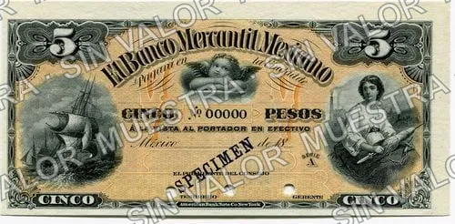 5 pesos, Banco Mercantil Mexicano (M283), anverso (M283s $5 Banco Mercantil Mexicano specimen)