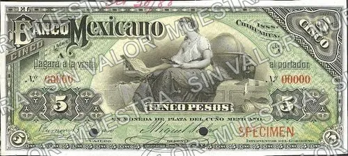 5 pesos, Banco Mexicano (M122), anverso (M122s $5 Banco Mexicano specimen)