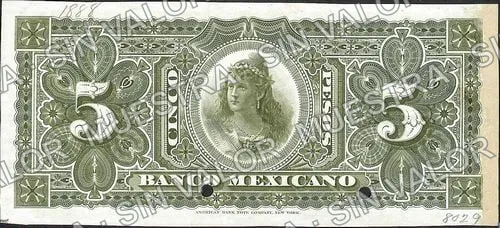 5 pesos, Banco Mexicano (M122), reverso (M122s $5 Banco Mexicano specimen)