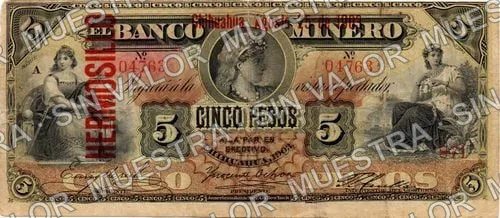 5 pesos, Banco Minero (M131), anverso (M131i $5 overprinted 'HERMOSILLO')