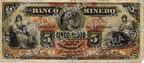 5 pesos, Banco Minero (M131), anverso (M131i $5 Banco Minero)
