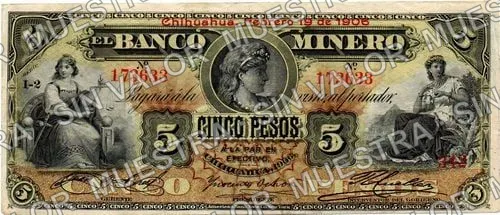 5 pesos, Banco Minero (M131), anverso (M131i $5 Banco Minero)