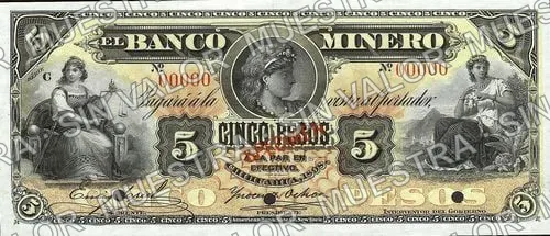5 pesos, Banco Minero (M131), anverso (M131s $5 Banco Minero specimen)