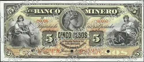 5 pesos, Banco Minero (M131), anverso (M131s $5 Banco Minero specimen)