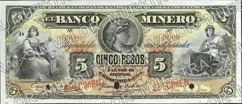 5 pesos, Banco Minero (M131), anverso (M131s $5 Banco Minero specimen)