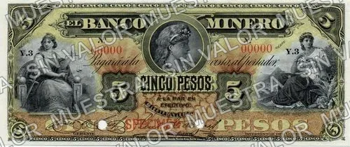 5 pesos, Banco Minero (M131), anverso (M131s $5 Banco Minero specimen)