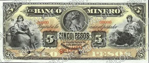 5 pesos, Banco Minero (M131), anverso (M131s $5 Banco Minero specimen)