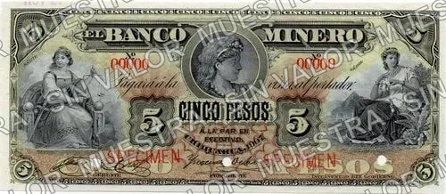 5 pesos, Banco Minero (M131), anverso (M131s $5 Banco Minero specimen)