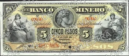 5 pesos, Banco Minero (M132), M132s $5 Banco Minero specimen, anverso
