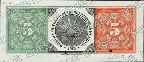 5 pesos, Banco Minero (M132), M132s $5 Banco Minero specimen, reverso