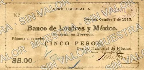 5 pesos, Banco Nacional de México (M1048), anverso (M1048 $5 Banco Nacional de México)